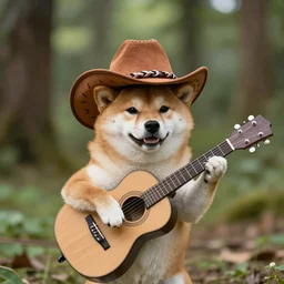 photo of shiba inu dog wearing a cowboy hat playing a guitar in the forest