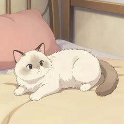 a white ragdoll cat lies on the bed in the girl's bedroom, warm atmosphere, anime key visual, digital art, anime screenshot, kyoto animation, makoto shinkai, trending on pixiv
