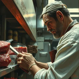 low angle of the butcher's, closeup of a butcher working, artwork by craig mullins