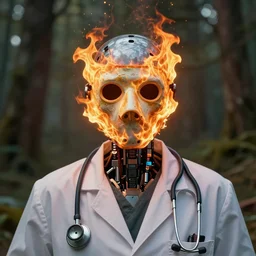 An album cover, fire, mask, stethoscope!, (doctor), 3d render, (robot), (unreal engine), (rust), photograph, portrait, painting, ((forest))