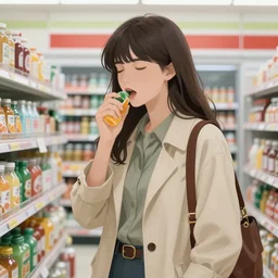 a ultradetailed beautiful panting of a stylish woman standing in a convenience store, by conrad roset, greg rutkowski and makoto shinkai trending on artstation
