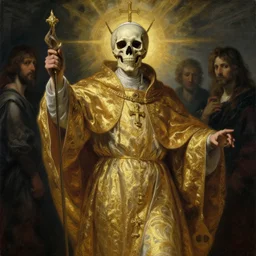 the pope of death in robes of gold, by jacques - louis david, by greg rutkowski, by zdzisław beksinski, by josep tapiro baro, trending on artstation, featured on pixiv, masterpiece, oil on canvas, cinematic composition, dynamic beautiful lighting,