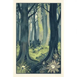 a dark forest, colored woodcut, poster art, by Mackintosh, art noveau, by Ernst Haeckel, bright pastel colors