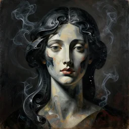 epic concept art. abstract female face silhouette mixing with black and color liquid fluid. abstract sculpture. art deco swirls. smoke simulation, vfx, cinema 4 d, tyflow. epic masterpiece, michelangelo. 1 7 th century french painting. classicism concept art, matte painting. greg rutkowski, wlop, victo ngai, kandinski