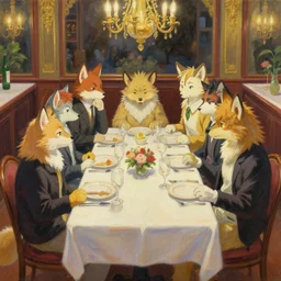 a romantic dinner date fancy restaurant scene, but it's all furry anthro fursonas, anime manga drawing in the style of beastars. trending on pixiv and artstation. an absurdly detailed oil painting, by james gurney, dan mumford, wayne reynolds, ron spencer, gustave dore, charles monet