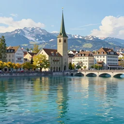 Digital painting of Zurich, Limmat and the lake, wide angle, volumetric light, caribean water, hyperdetailed, Alps in the background, artstation, cgsociety, 8k