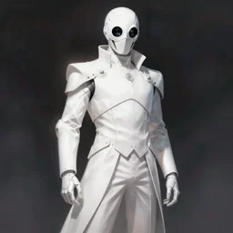 full body portrait of a character in sleek white armor and a white tailcoat, wearing a white mask with many lenses for eyes, dramatic lighting, illustration by Greg rutkowski, yoji shinkawa, 4k, digital art, concept art, trending on artstation