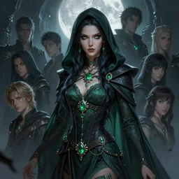 realistic character concept portrait art of a female drow necromancer, emerald trinkets and outfit, beautiful face, hooded robes, moonlit, ghostly atmosphere, long dark hair, by stanley artgerm lau, wlop, rossdraws, james jean, andrei riabovitchev, marc simonetti, and sakimichan, tranding on artstation