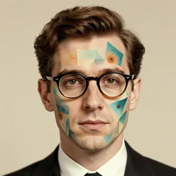 A vintage portrait of an attractive brown-haired man wearing glasses, whose face is covered in geometric shapes and fractals