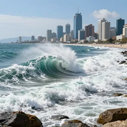 a huge tidal wave approaches a coastal city, digital art, highly detailed, realistic, bright colors, 8 k
