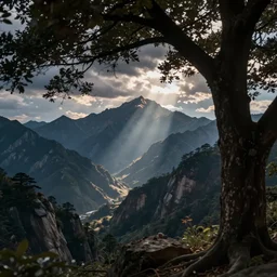a beautiful mountain landscape view from the summit with stunning eerie light and a large tree on the foreground, HD photograph, bokeh