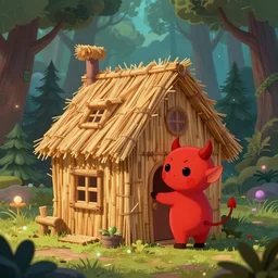 a cartoonish cute anthropomorphic devil is near a house made of only straws in a mystical forest full of wonders, pine trees, magical atmosphere, trending on artstation, 30mm, by Noah Bradley trending on ArtStation, deviantart, high detail, stylized portrait H 704