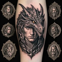 dragon, sorcerer, lord of the rings, tattoo, decorated ornaments by carl spitzweg, ismail inceoglu, vdragan bibin, hans thoma, greg rutkowski, alexandros pyromallis, perfect face, fine details, realistic shaded