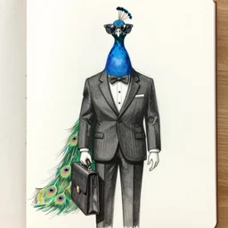 a portrait of a humanoid peacock, wearing sun glasses, wearing tuxedo, carrying a briefcase, sketch