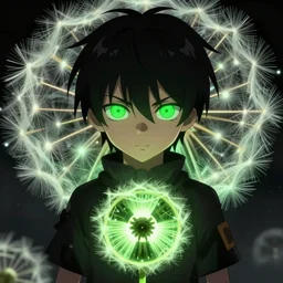 nuclear bomb dandelion male anime character, symmetrical, highly detailed, digital art, sharp focus, trending on art station, green eyes, glowing radioactive colours