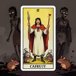 tarot card wise arrogant joyful horror court of infested rodents, pixiv fanbox, dramatic lighting, maximalist desaturated muted color palette, splatter paint, pixar and disney concept, graphic novel by fiona staples and dustin nguyen, peter elson alan bean wangechi mutu, clean cel shaded vector art, trending on artstation