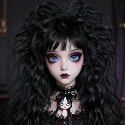 kawaii goth girl with wild hair by tim burton,, inspired by lisa frank, anime, detailed anime, hyper realistic anime, realistic anime, manga anime, chibi anime, detailed, highly detailed, hd, 4 k, sharp, clear, high res, high quality, cinematic, 2 point studio lighting,