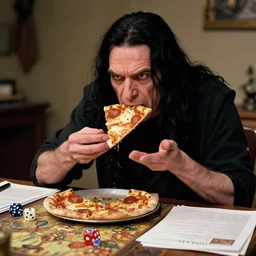 a grumpy old danish man with long black hair eating pizza while DMing an AD&D game, D&D, rogue, dark hair, skinny, middle aged, D&D dice on table, papers on table, character sheets on table, natural lighting, black hair, style of don bluth
