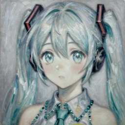 A delicate, soft and highly detailed painting of Hatsune Miku with sparkly googly anime eyes, chiaroscuro, masterpiece painted by Claude monet, post-impressionism, thick impasto technique, paint-on-glass painting, pastel oil inks, very ethereal, vantablack chiaroscuro, paint-on-glass painting, oil inks, very ethereal, silver light, nacre colors