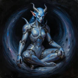 renaissance portrait of one blue demon seated inside singularity, with high tech body modification implants. iridescent textures. highly detailed science fiction oil painting by mikhail vrubel. black background. trending on artstation