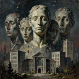 dystopian surreal painting of eerie head statues and buildings by zdzisław beksinski, creepy, atmospheric, unsettling