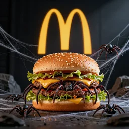 a real advertisement of mcdonalds new mcspider sandwich, a burger with real spiders and spiderwebs