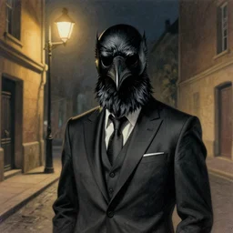 a highly detailed portrait of a man wearing a suit and a raven mask standing in the middle of a street illuminated by a lone street lamp, by gerald brom, cinematic lighting, detailed drawing