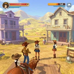 screenshot of gameplay dating simulator game set in 1 8 5 9, interior of old west saloon, featuring african american and japanese cowboys and cowgirls in ghost town with buildings painted bright pastel colors, morning light with mountains in the background