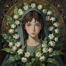 breathtaking detailed concept art painting of the goddess of nemophila flowers, orthodox saint, with anxious, piercing eyes, ornate background, amalgamation of leaves and flowers, by Hsiao-Ron Cheng, James jean, Miho Hirano, Hayao Miyazaki, extremely moody lighting, 8K
