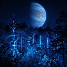 a beautiful blue bioluminescent forest with a giant gaseous planet in the sky