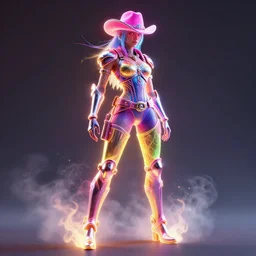 full body disintigrating synthwave cowgirl, character design, bright colors, illusion, metallic, armor, stunning, breathtaking, digital render, line art, unreal engine, de - noise, 8 k, volumetric lighting, detailed contrast, scattered mist, glow, rim light by greg rutkowski