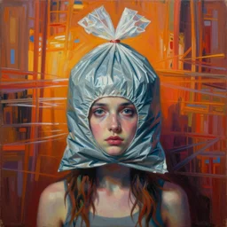 girl with trash bag on head, blurred, grotesque, doomed, neural acrylic paint, high resolution, gouache on canvas, ultra detailed, vibrant colors, grotesque, wrapped thermal background, art by francis bacon, beksinski painting
