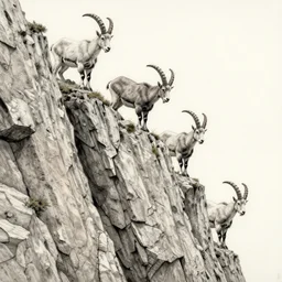 mountain goats on a sheer cliffside, expressive, hyperrealism, photorealistic, lithography, fabric pattern