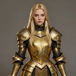 Gorgeous Blond Lady Knight in an ornamental Gold and Black armor, straight hair, low fantasy, matte painting, by Frank Franzetta, trending on Artstation, trending on Deviantart, artstationHQ, artstationHD, full color, ultra HD, 8k