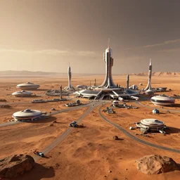 wide angle view, futuristic mars colony city after dawn, in the style of wimmelbilder, realistic, digital art, concept art, 8k