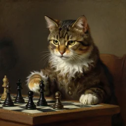 cat playing chess looking wise, rococo oil painting