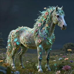 a stunning horse with a mane of bioluminescent vines and flowers running through a meadow by greg rutkowski, flowerpunk, volumetric light, digital art, highly detailed, fine detail, intricate, ornate, complex, octane render, unreal engine, photorealistic