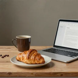 painting of a rembrandt still life with coffee croissant and laptop displaying a twitter feed