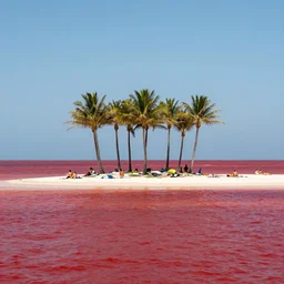 photo of an island with palm trees in the middle of the red water sea, people sunbathing, white sand