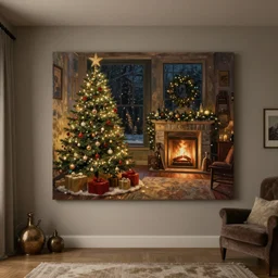 a christmas eve photorealistic painting on the wall, home, interior, octane render, deviantart, greg rutkowski, cinematic, key art, hyperrealism