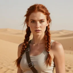 fantasy portrait, young woman, auburn hair, full face, athletic, slavic features, tomb raider, desert background, in the style of ruan jia, high detail, uplit, 8 k