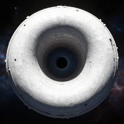 a torus shaped space station made of white metallic composite with the small spinning glowing blackhole in a center, view from above, endless cosmos in the background, 8K resolution, highly detailed, digital painting, artstation, concept art, illustration