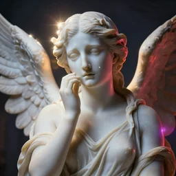 artistic portrait of a female marble statue, crying, lament, wings, lens flare, atmosphere, glow, detailed, intricate, full of color, led lighting, trending on artstation, 4 k, hyperrealistic, 3 5 mm, focused, extreme details, unreal engine 5, masterpiece