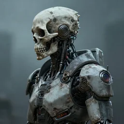 bone storm, scifi character portrait by greg rutkowski, esuthio, craig mullins, 1 / 4 headshot, cinematic lighting, dystopian scifi gear, gloomy, profile picture, mechanical, half robot, implants, solarpunk
