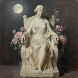 oil painting sculpture of a woman seated on a throne in flowers by yuming _ li, soft beige and pink, moonlight, dark shadows, artstation