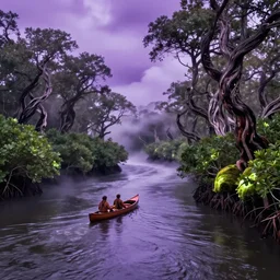 hippy riding canoe around river bend, mangrove river banks, misty, viscous purple water, water jet clouds, torrent clouds, albert bierstadat landscape, twisted obelisk trees, high riverbanks, bioluminescent moss, organic assembly, dream haze, gradient aperture, perimeter vision aberration, dim with lightsource highlights
