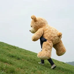 picture of person carrying the worlds largest realistic teddy bear up a hill from a distance