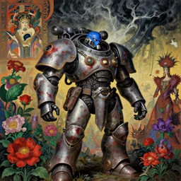 composition of gothic and futuristic, warhammer, cyber armor, more and more scars, storm, blue head, red, green, purple, mouldy juice, many mech flowers, the middle ages, highly detailed, artstation, in the style of moebius, jugendstil and classic japanese print, psychedelic, art by jean delville and rene magritte, peter mohbacher