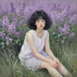 portrait of cute girl with short curly black hair sitting in a field of lilac flowers, painted by Mark Ruthko, the grass is desaturated