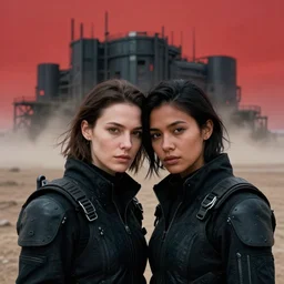 photographic portrait shot on cinestill 5 0 d of two loving clones, women wearing rugged black techwear on a desolate plain with a red sky, closeup, diverse race, cyberpunk, in front of a brutalist dark metal facility, dust storm, 3 5 mm, 8 k, depth of field, high resolution, ultra realistic faces